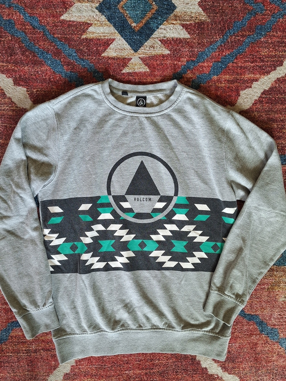 Volcom Grey Crewneck Sweater with Teal & Black Aztec Stripe